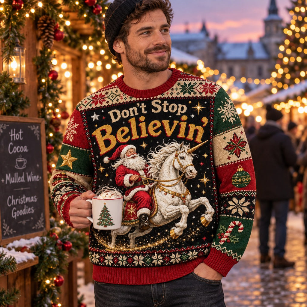 man in a beanie wearing the same don't stop believin' santa unicorn