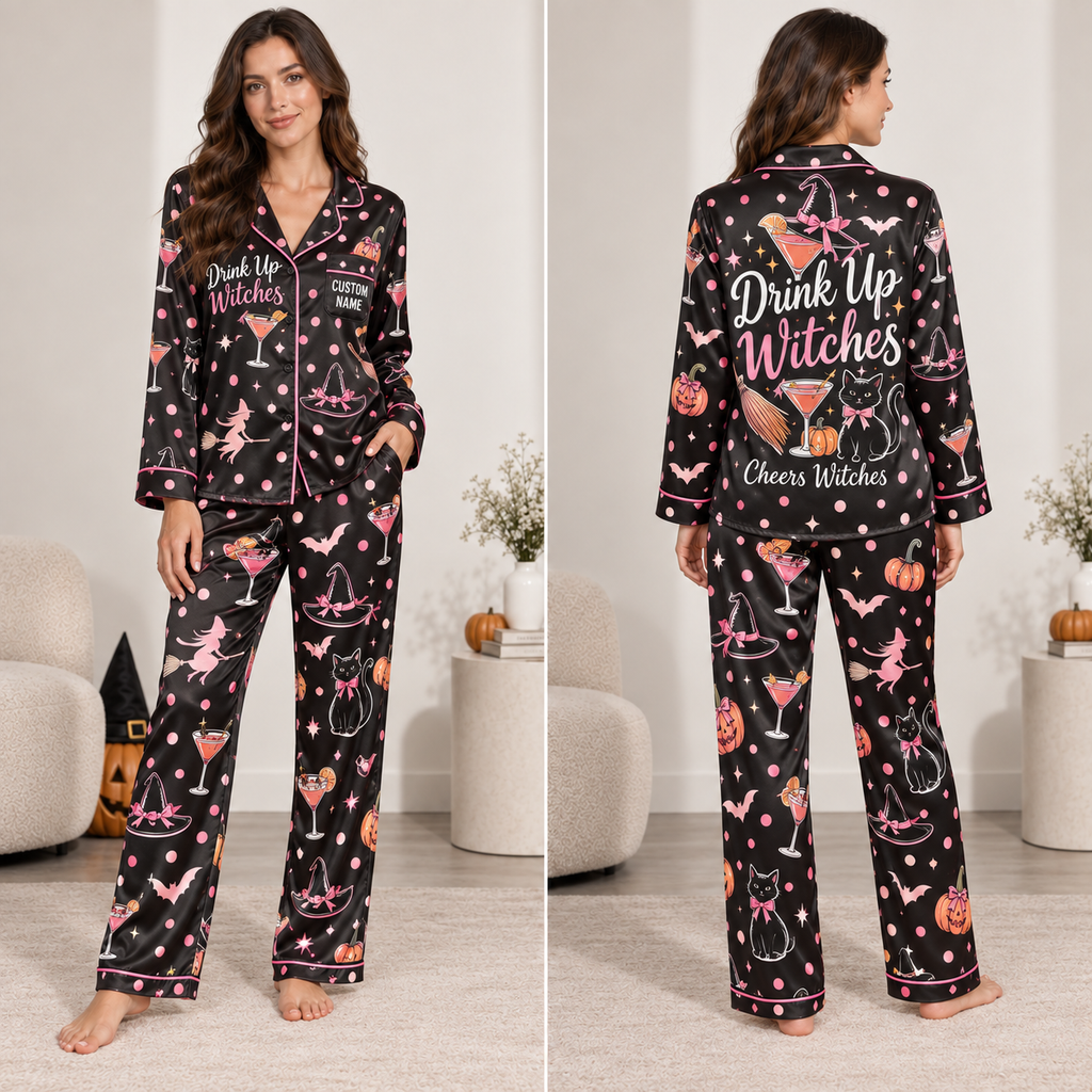 satin pajama set with drink up witches halloween print, model front view