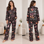 satin pajama set with drink up witches halloween print, model front view