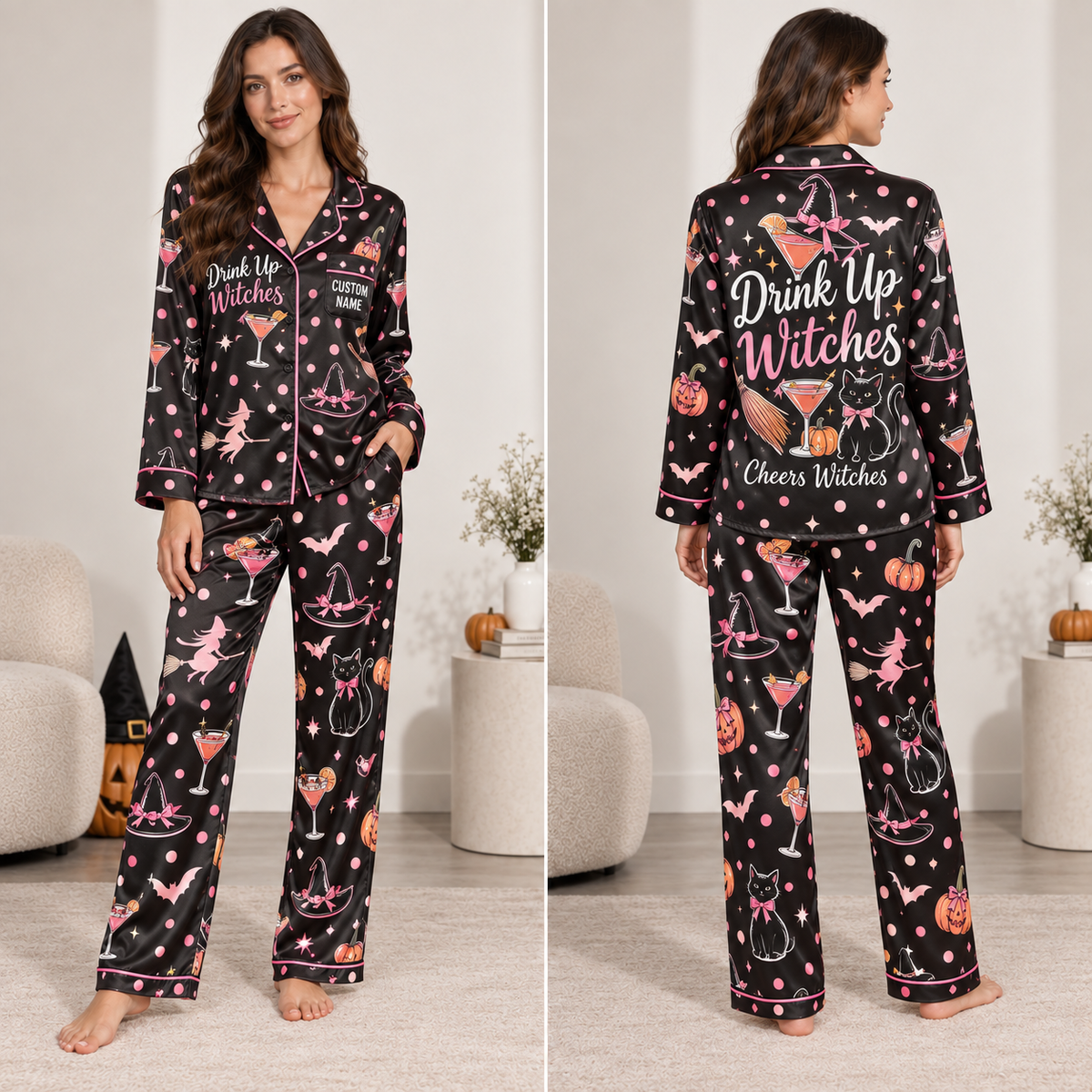 satin pajama set with drink up witches halloween print, model front view