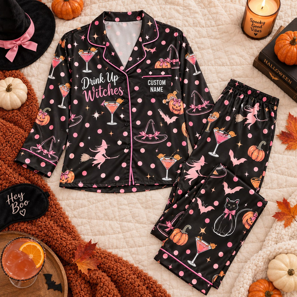 flat lay polka dot cocktail satin pajamas with a custom name on the chest