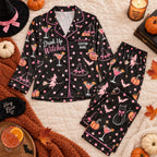 flat lay polka dot cocktail satin pajamas with a custom name on the chest