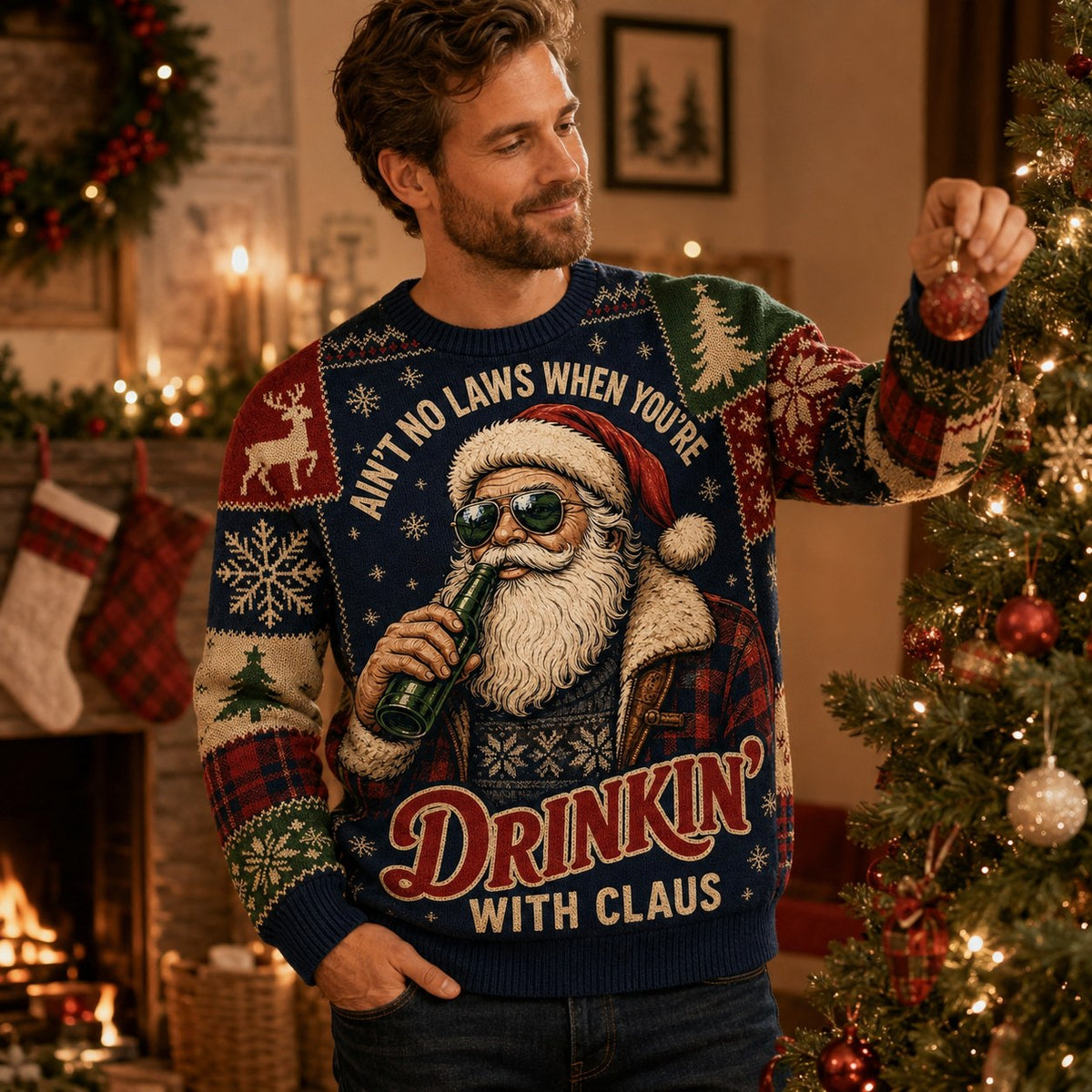 man wearing an ugly christmas sweater with a sunglasses santa drinking a