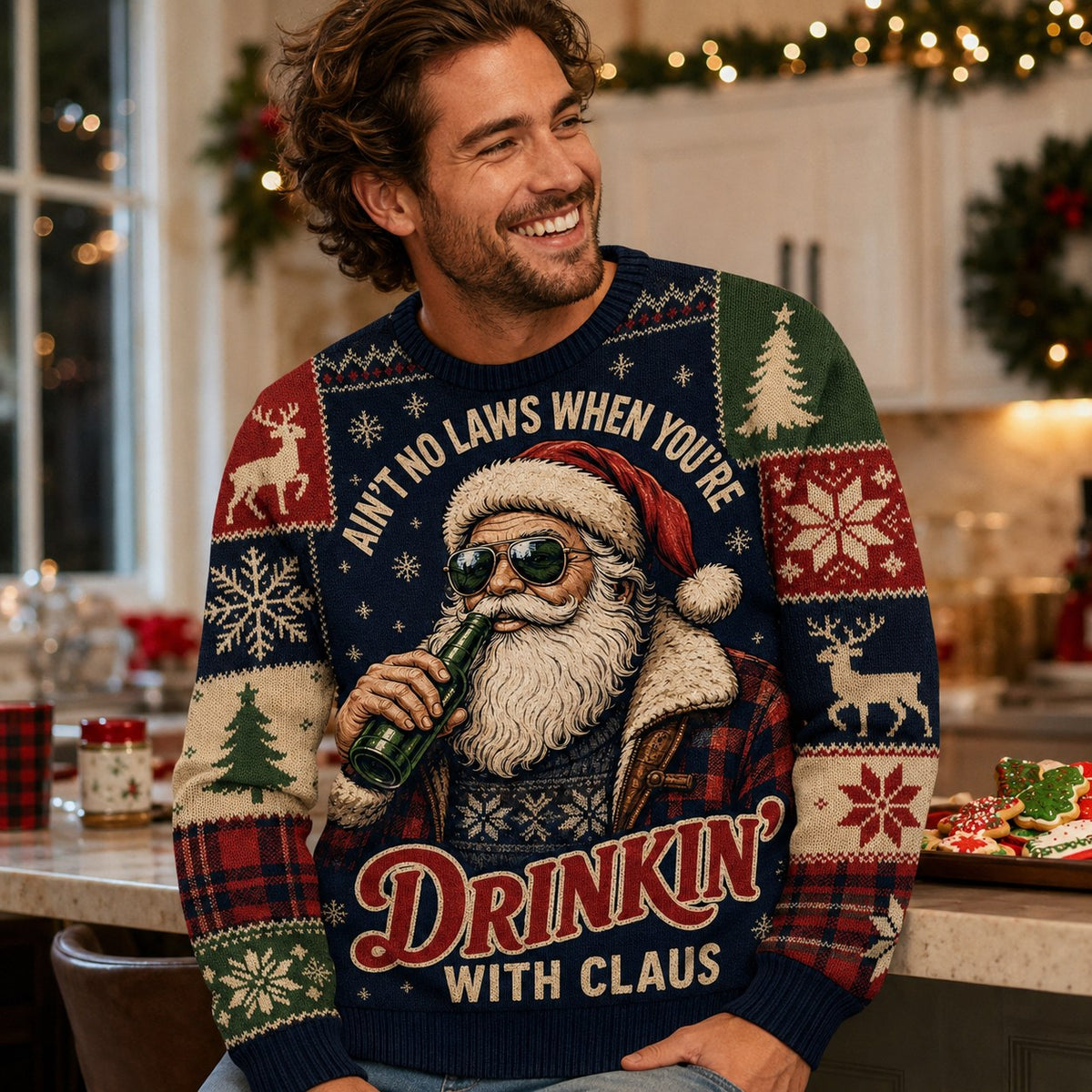 close up of a santa with sunglasses and bottle printed on an