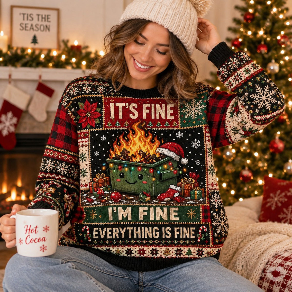 woman in a beanie smiling while wearing a funny holiday sweater with