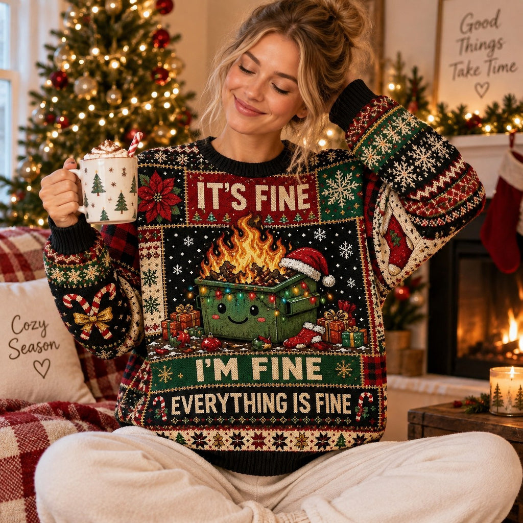 close up of the all over print dumpster fire sweater design with