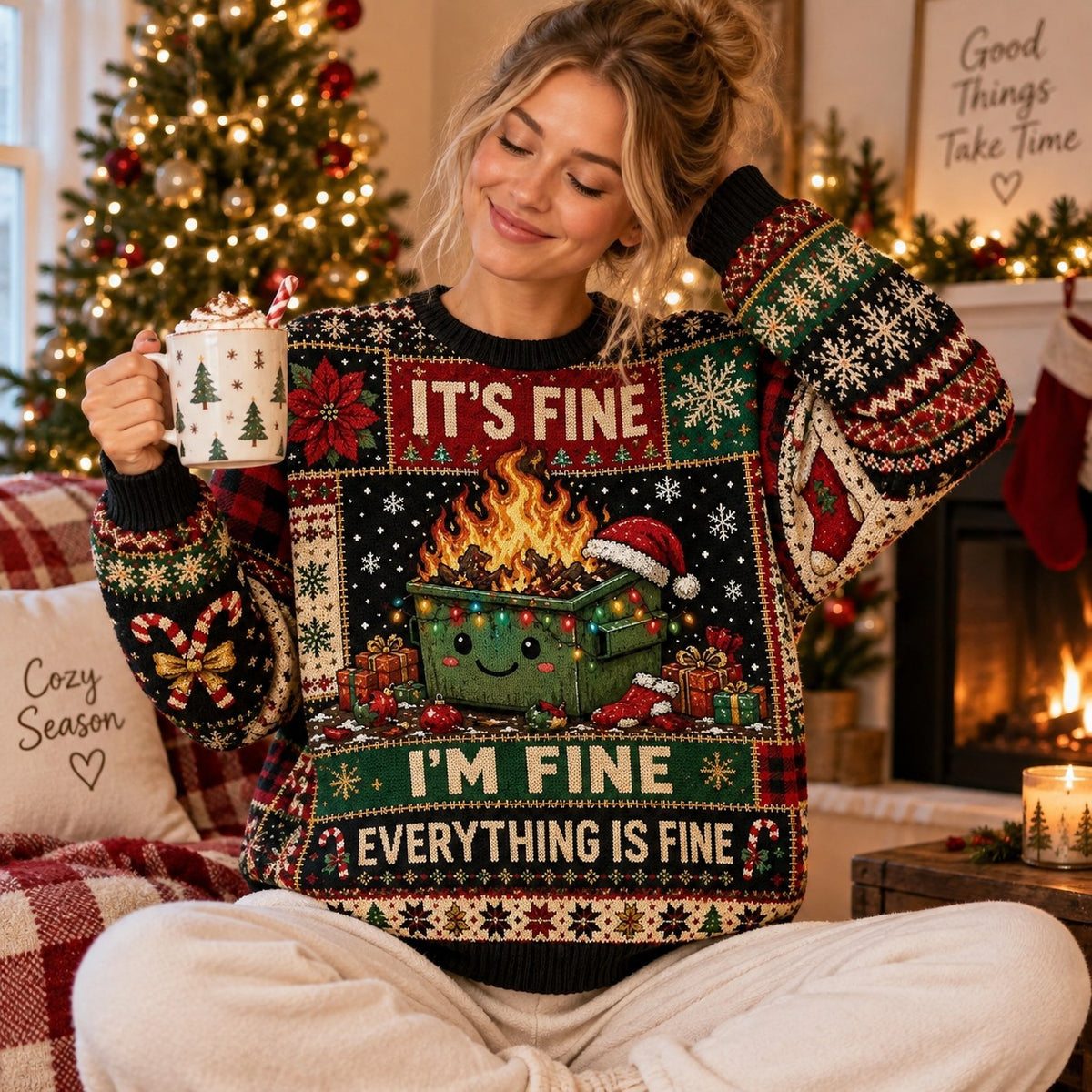 close up of the all over print dumpster fire sweater design with