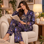 model wearing silky soft carl and donut pjs holding mug