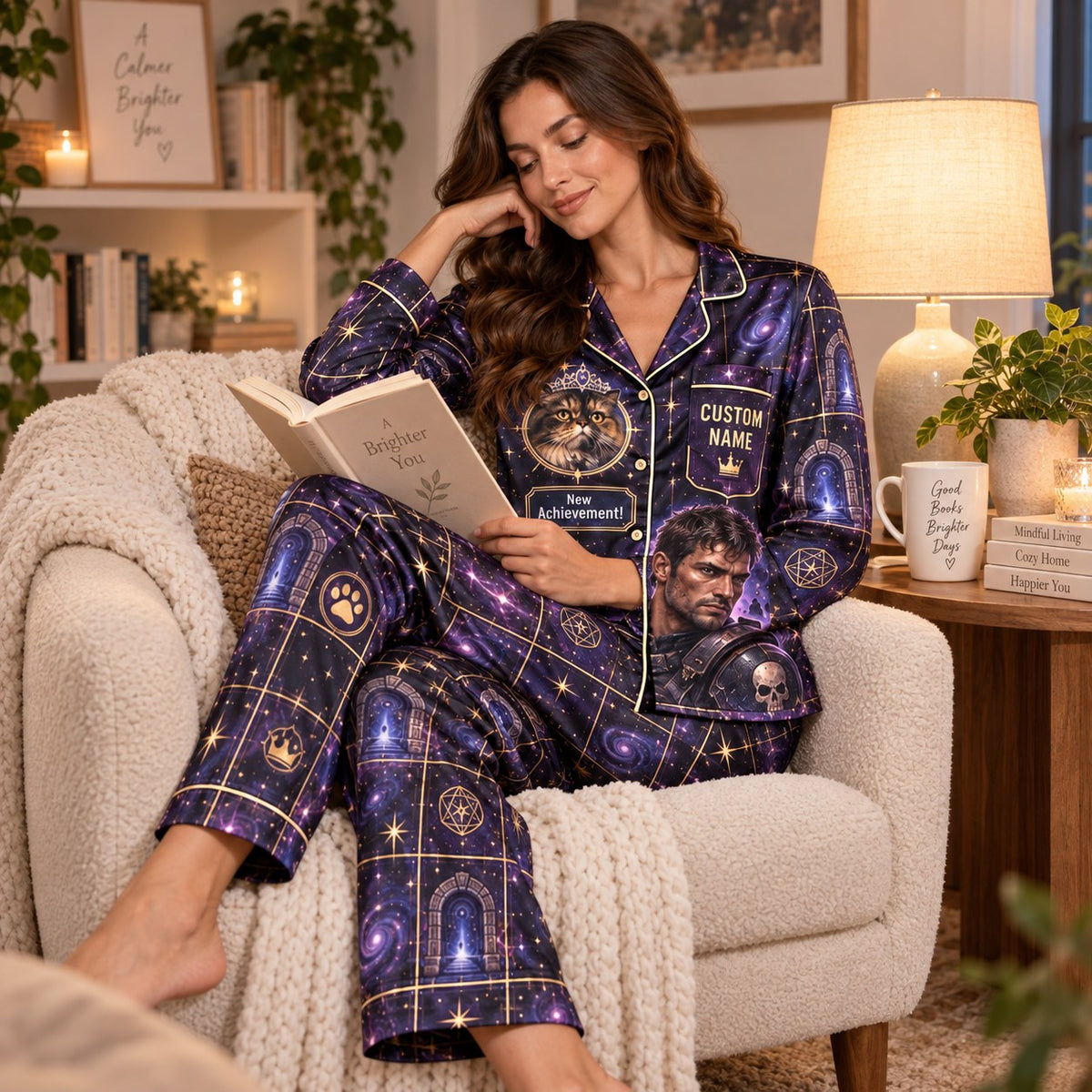 model wearing silky soft carl and donut pjs holding mug