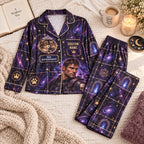 purple galaxy print satin pajamas flat lay with a custom name on the chest