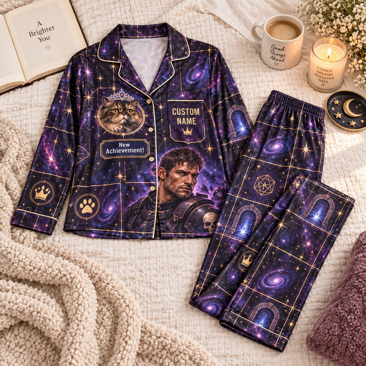 purple galaxy print satin pajamas flat lay with a custom name on the chest