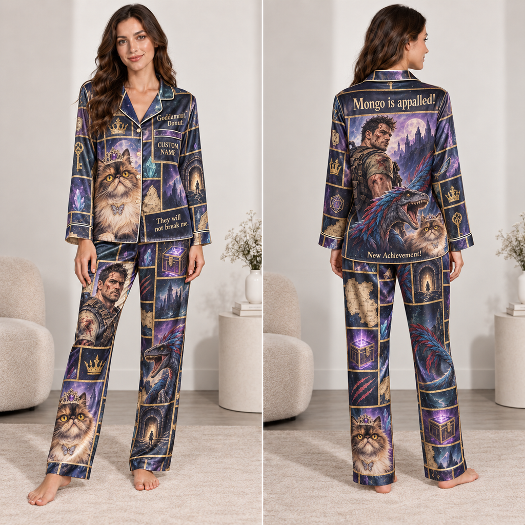 satin pajama set with all-over dungeons and dragons fantasy print and custom