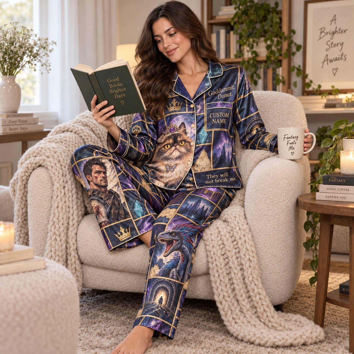 back view of dnd satin pajamas showing cat warrior raptor and castle