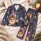 fantasy patchwork cat satin pajamas flat lay with a custom name on the chest