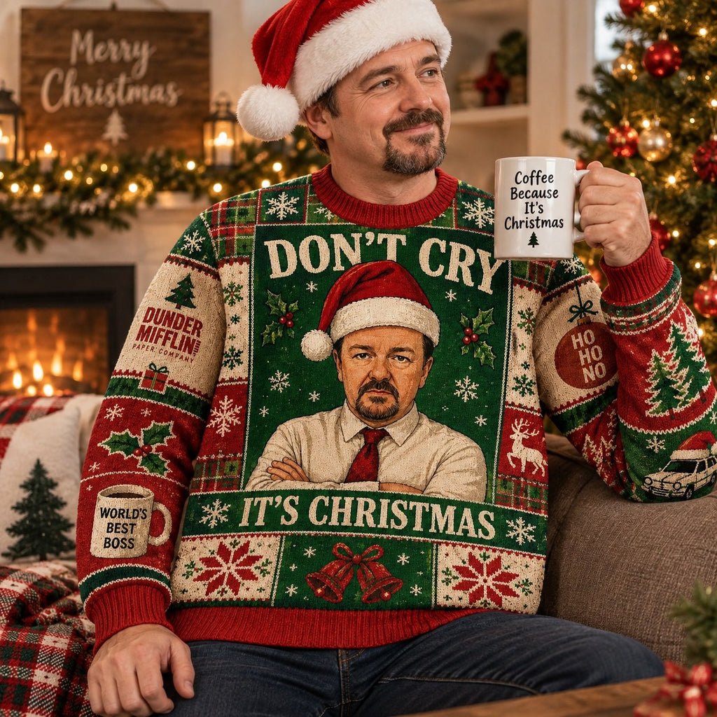 man wearing don't cry it's christmas ugly christmas sweater and santa hat