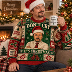 man wearing don't cry it's christmas ugly christmas sweater and santa hat