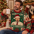 man in dunder mifflin holiday sweater drinking from coffee makes christmas better