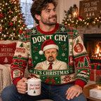 man in sublimated ugly christmas sweater with hot cocoa good mood mug