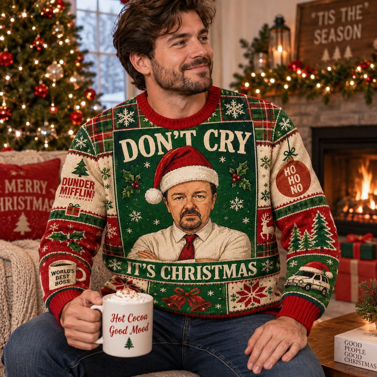 man in sublimated ugly christmas sweater with hot cocoa good mood mug