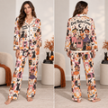 model wearing halloween satin pajama set with Spooky Season front and optional