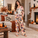 back of satin pajama set showing Easy Bake Coven print with witches