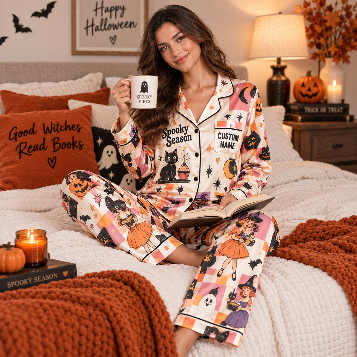 halloween satin pajamas in a decorated living room holding a Good Witch