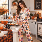 halloween satin pajama set styled with cupcakes in a kitchen and Hocus
