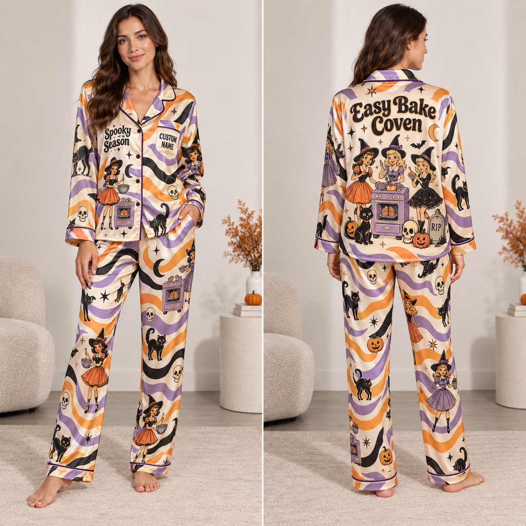 model wearing a multicolor halloween satin pajama set with witch and pumpkin