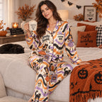 back view of an easy bake coven halloween satin pajama set
