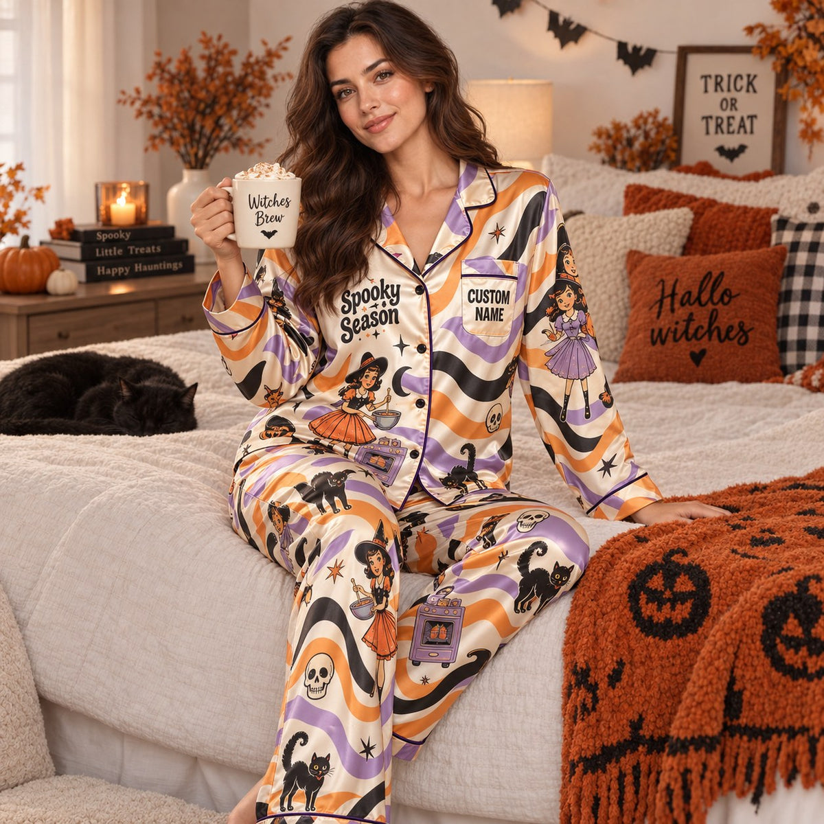 back view of an easy bake coven halloween satin pajama set