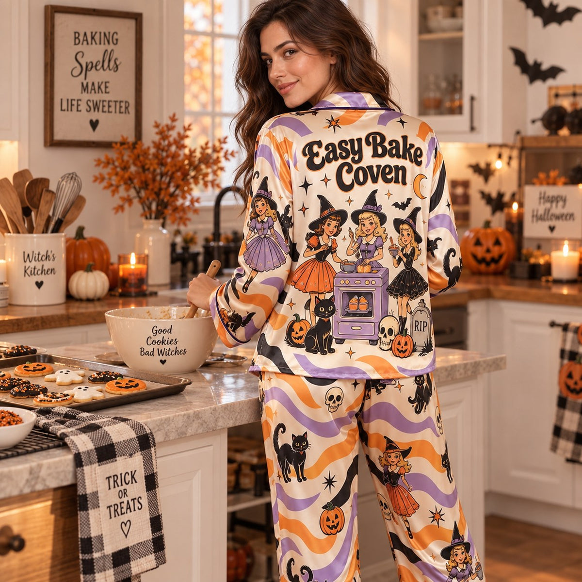 woman standing in a living room in a spooky season halloween satin