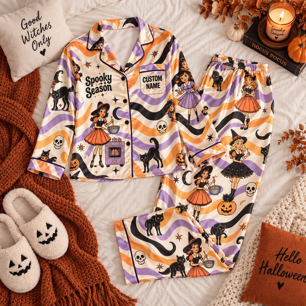flat lay retro wavy witch satin pajamas with a custom name on the chest