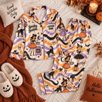flat lay retro wavy witch satin pajamas with a custom name on the chest