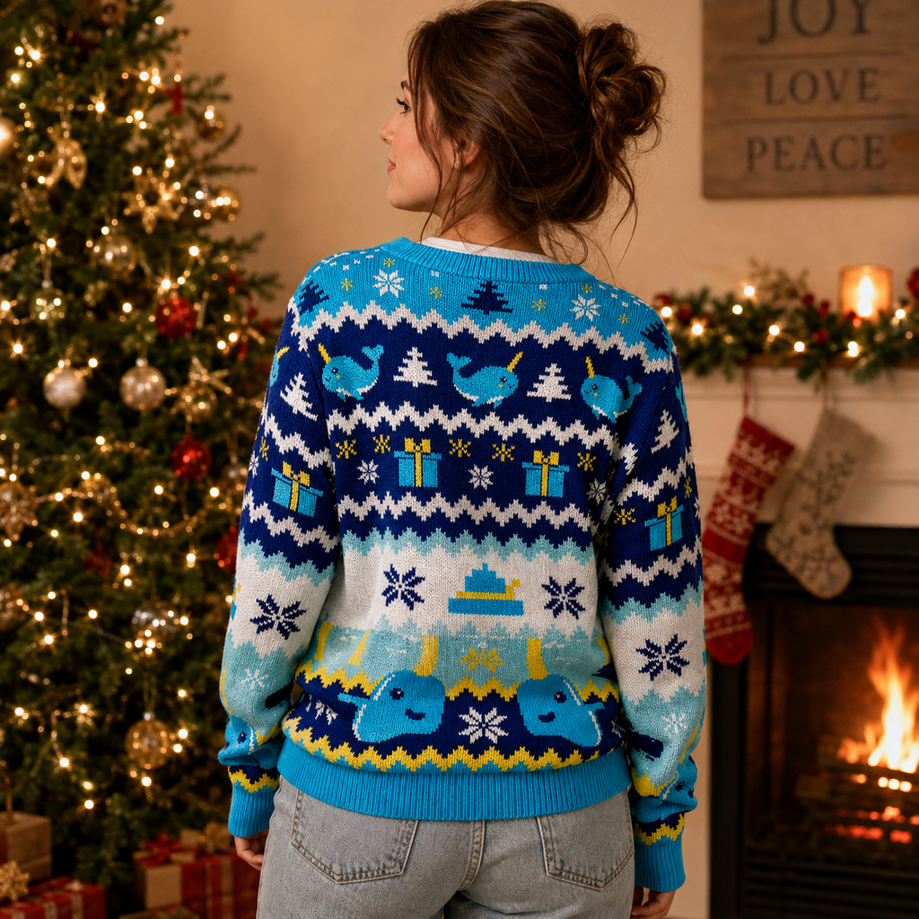 back of a blue narwhal ugly christmas sweater showing knit pattern rows