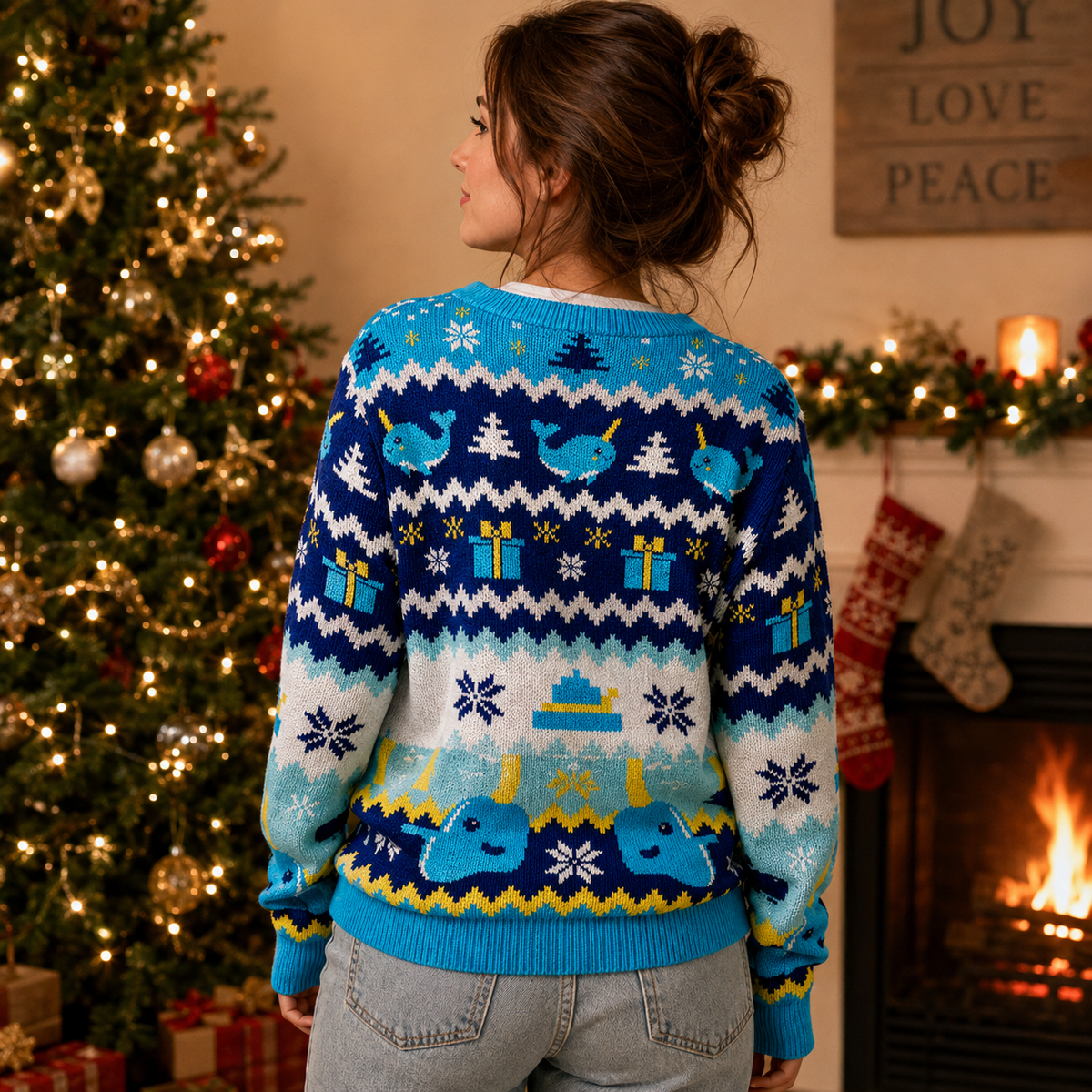 back of a blue narwhal ugly christmas sweater showing knit pattern rows