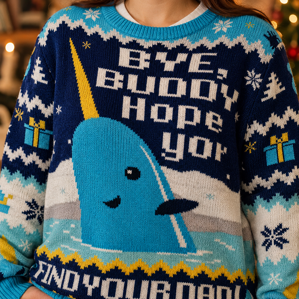 close up of the elf ugly sweater front with narwhal and printed