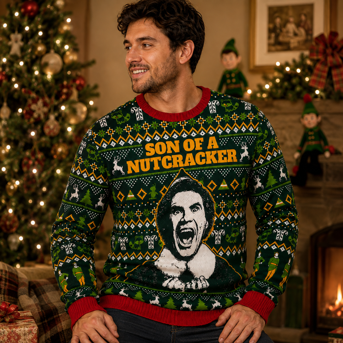 elf ugly christmas sweater with son of a nutcracker design