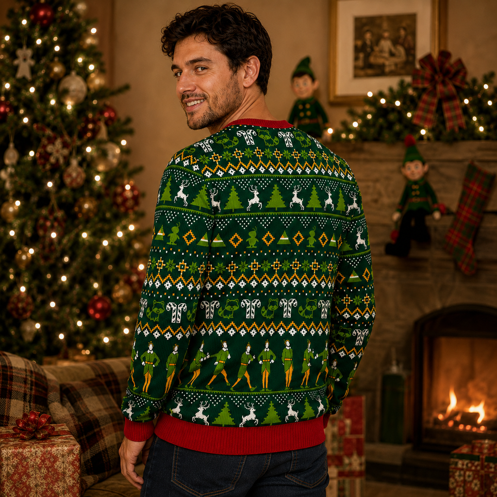 back view of elf christmas sweater showing reindeer and nutcracker fair isle