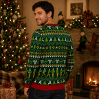 back view of elf christmas sweater showing reindeer and nutcracker fair isle