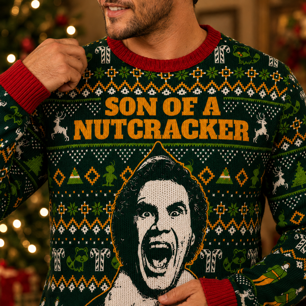 close up of son of a nutcracker knit portrait on the elf