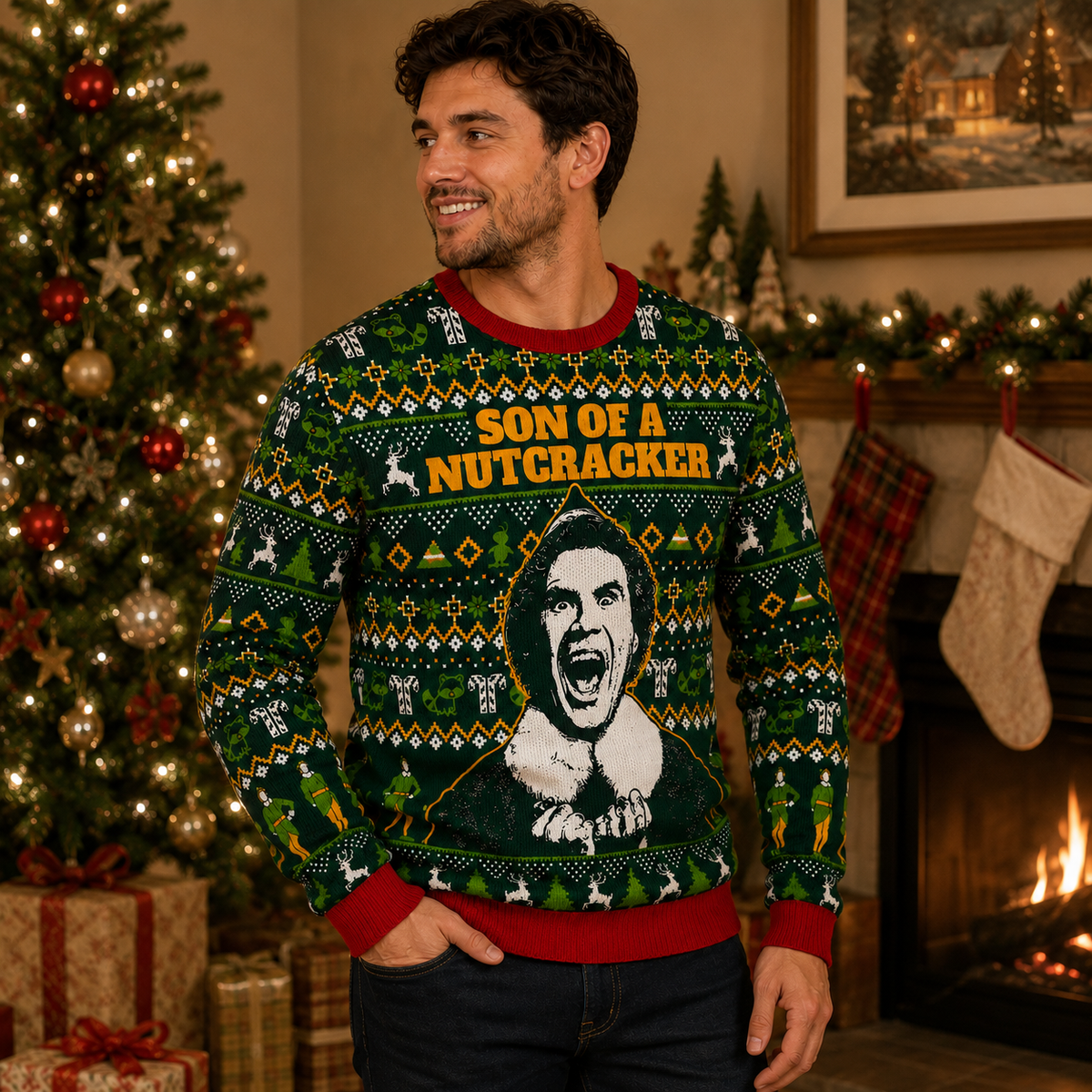 elf ugly sweater modeled in front of a decorated christmas tree