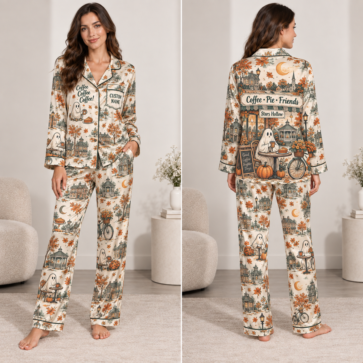 fall town ghosts and pumpkins satin pajama set on model