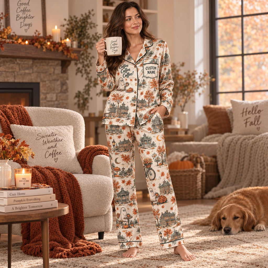 back view of personalized autumn town print satin pajamas
