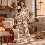 back view of personalized autumn town print satin pajamas