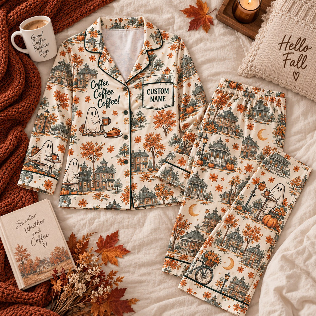 coffee ghost print satin pajamas flat lay with a custom name on the chest