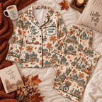 coffee ghost print satin pajamas flat lay with a custom name on the chest