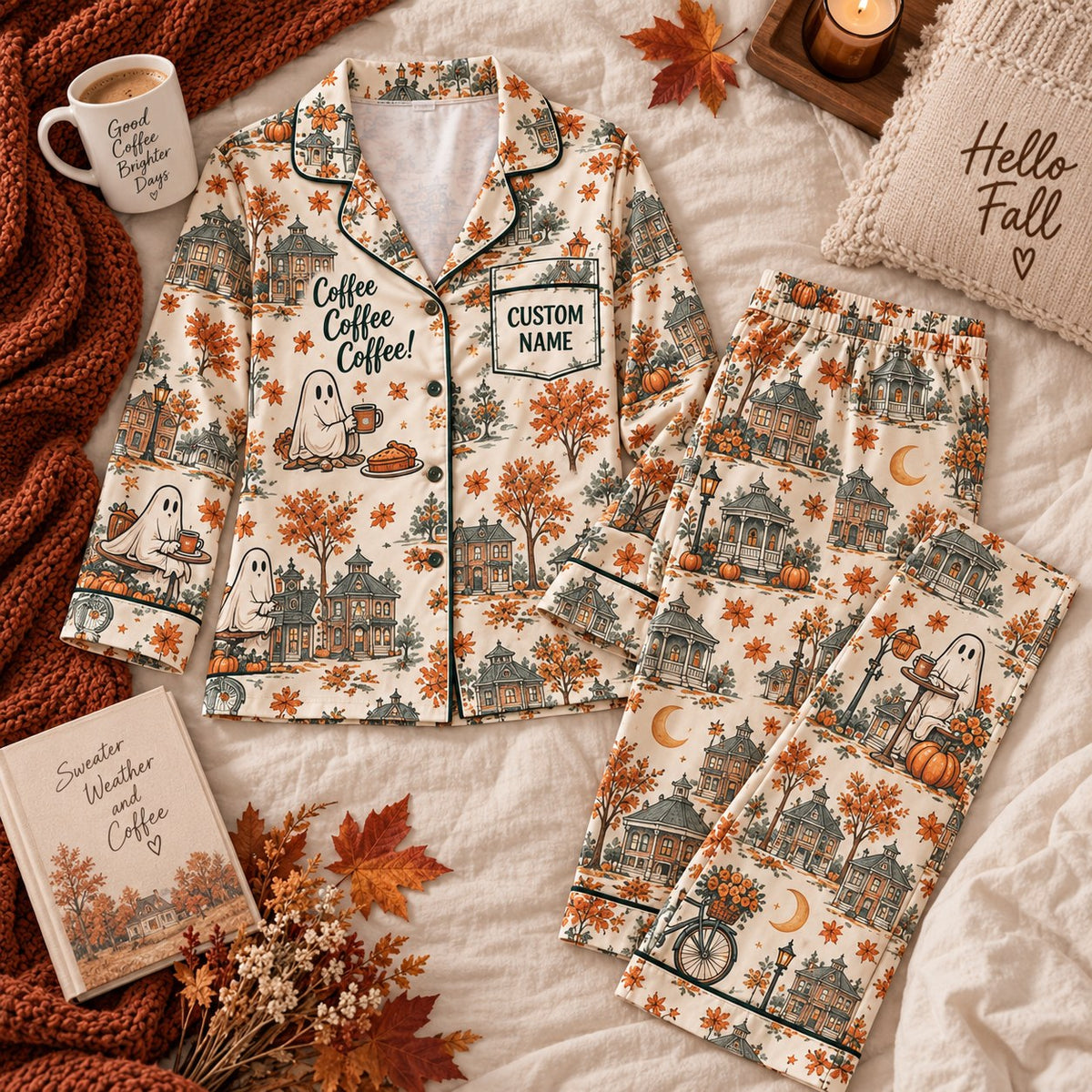 coffee ghost print satin pajamas flat lay with a custom name on the chest