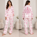 satin pajama set front view with pink ribbon and fight