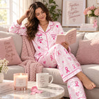 pink ribbon personalized satin pajamas styled on a chair