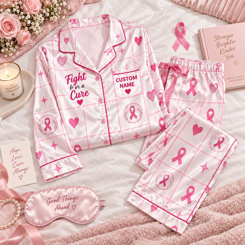 pink ribbon grid satin pajamas flat lay with a custom name on the chest